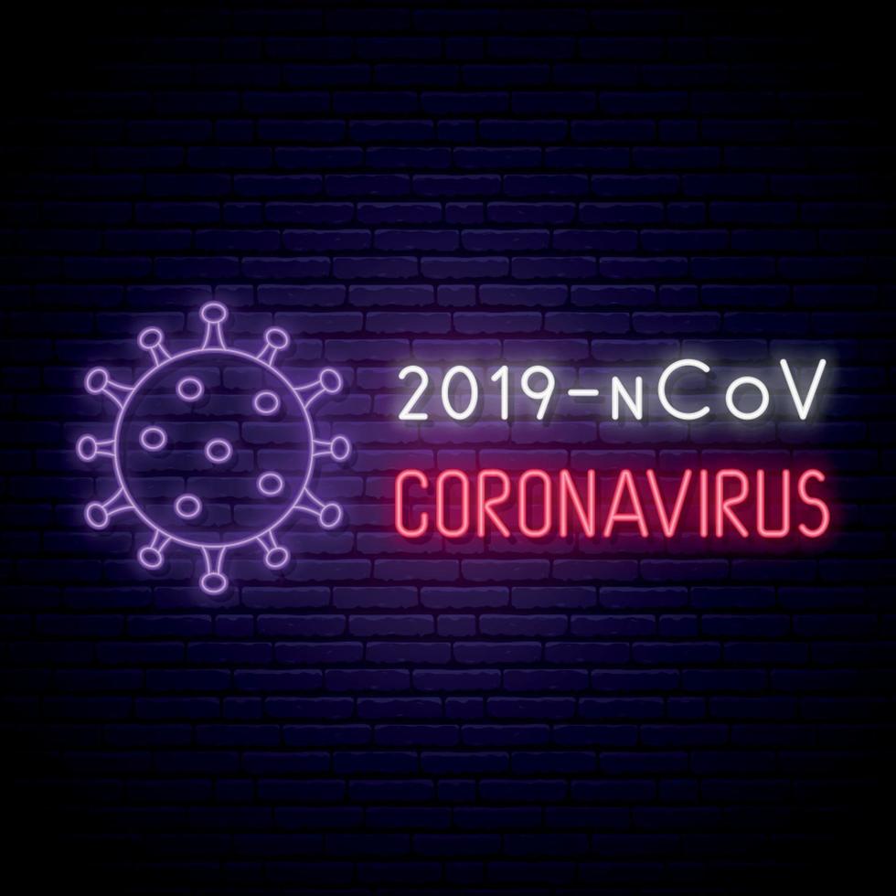 Coronavirus Neon Schild. helles helles Banner 2019-ncov Koronavirus auf dunklem Wandhintergrund. vektor