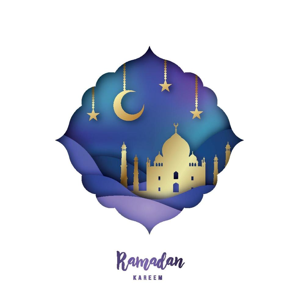 ramadan kareem illustration med arabisk origamimoské, halvmåne och stjärnor. vektor