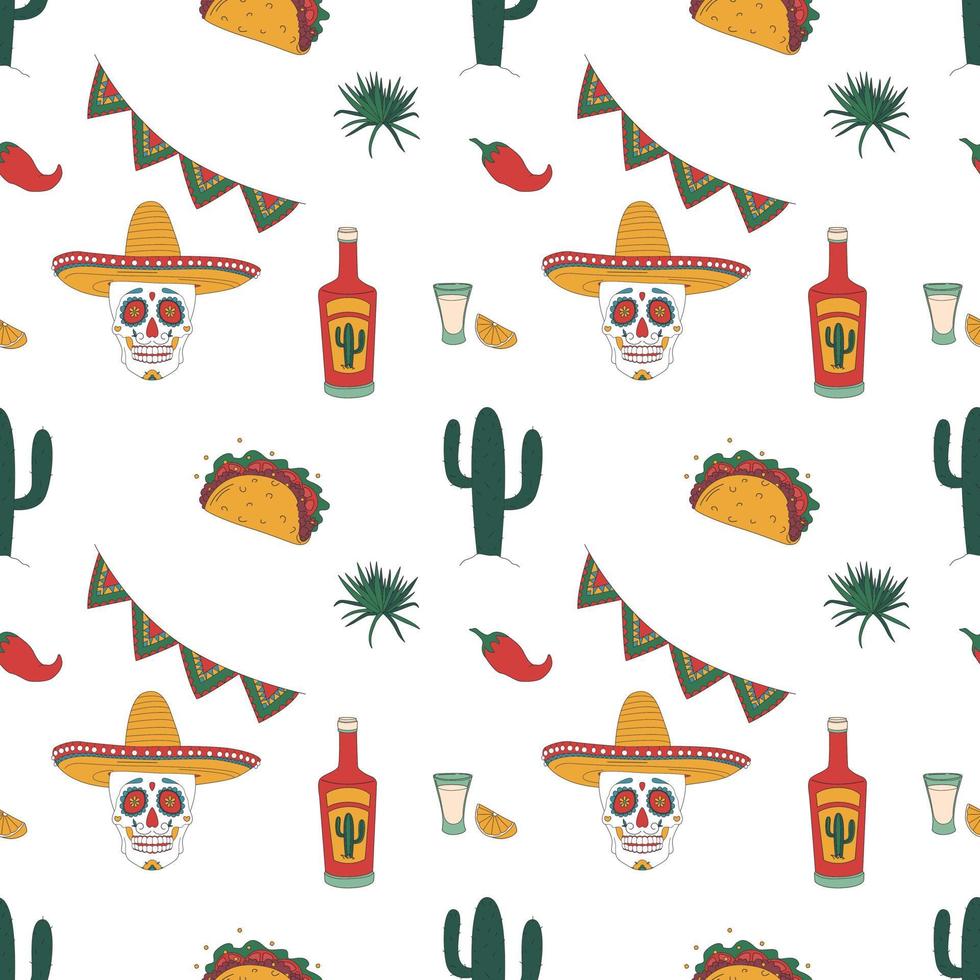sömlös mönster med de tema av Mexiko. skallar, varm peppar, tequila, kaktus. vektor