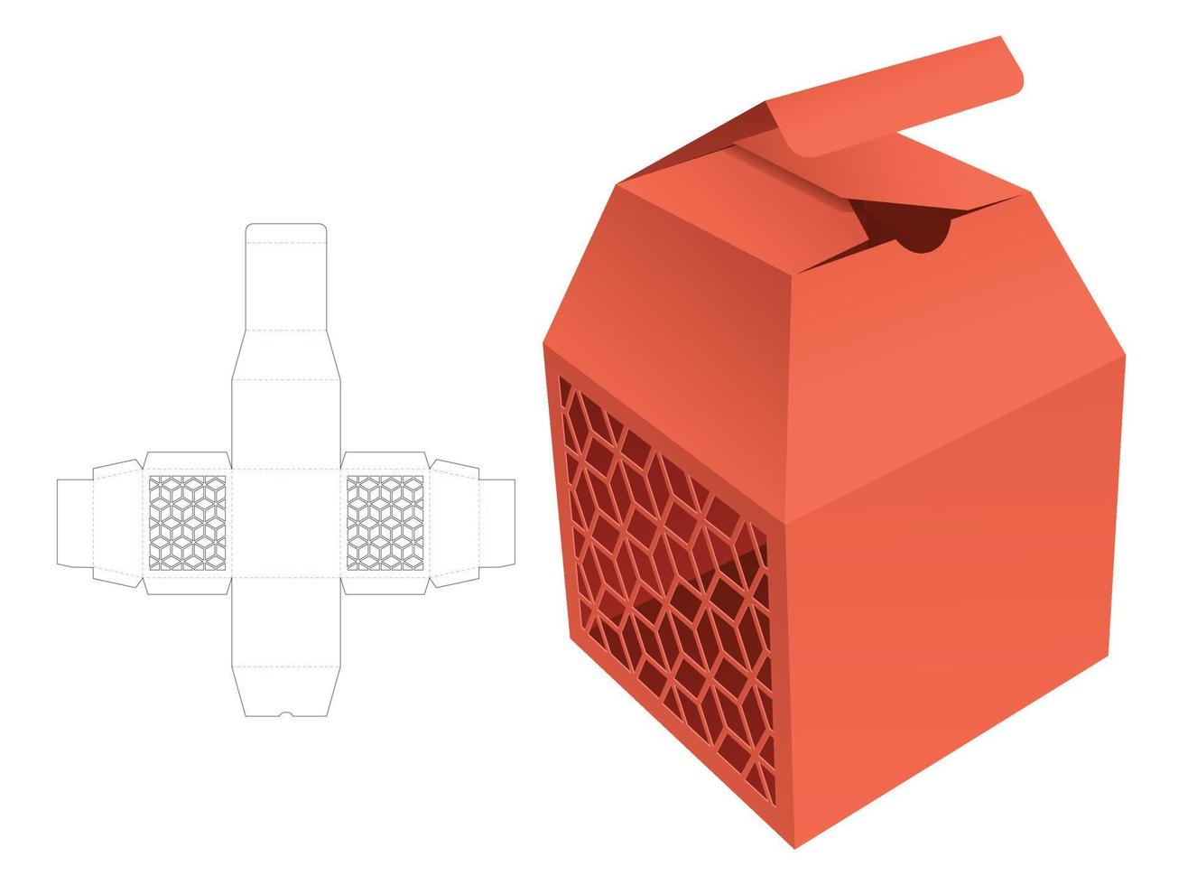 oben Trapez Verpackung Box mit geometrisch Fenster sterben Schnitt Vorlage und 3d Attrappe, Lehrmodell, Simulation vektor