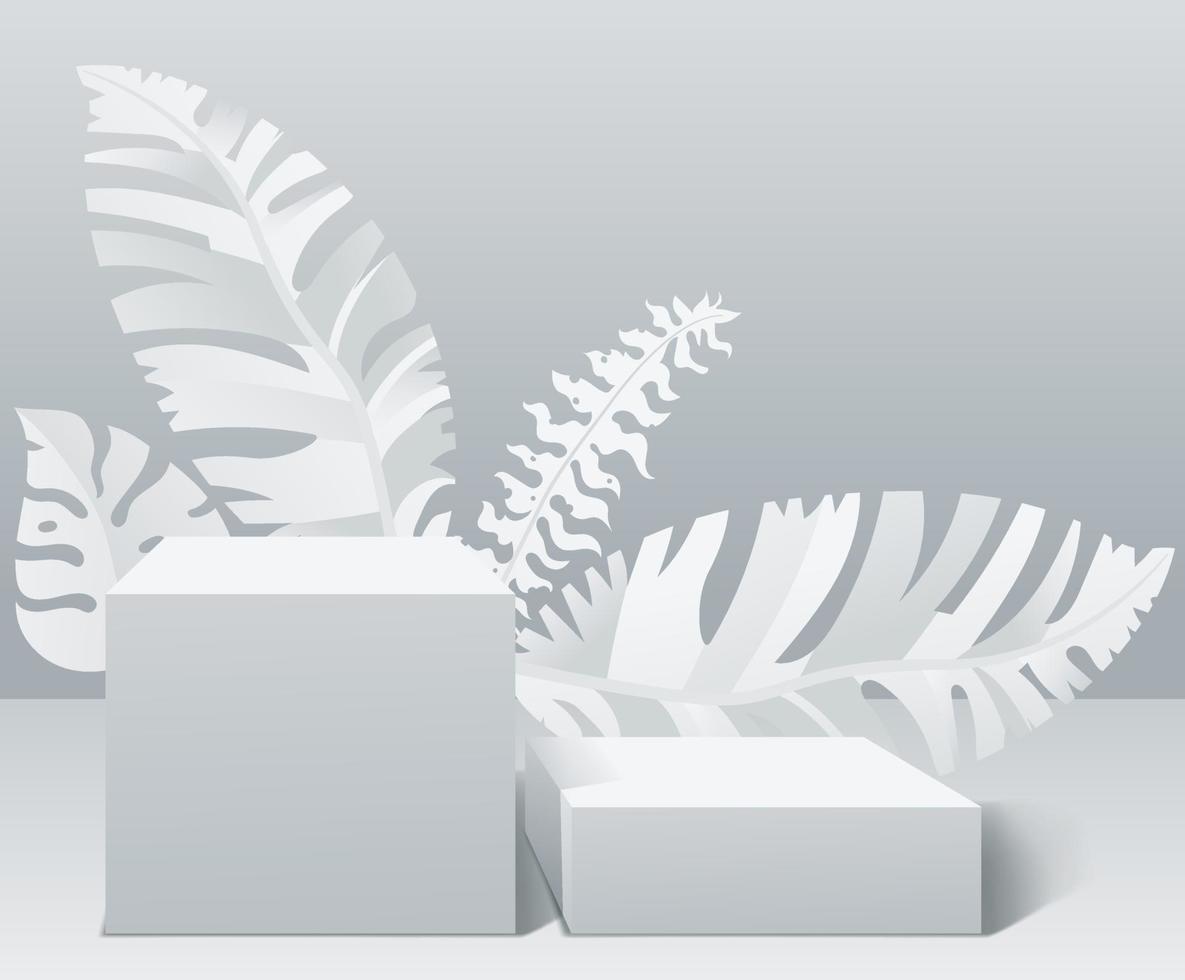 2 Attrappe, Lehrmodell, Simulation Podeste mit Blätter zum Produkt Präsentation auf Weiß Farbe Hintergrund vektor