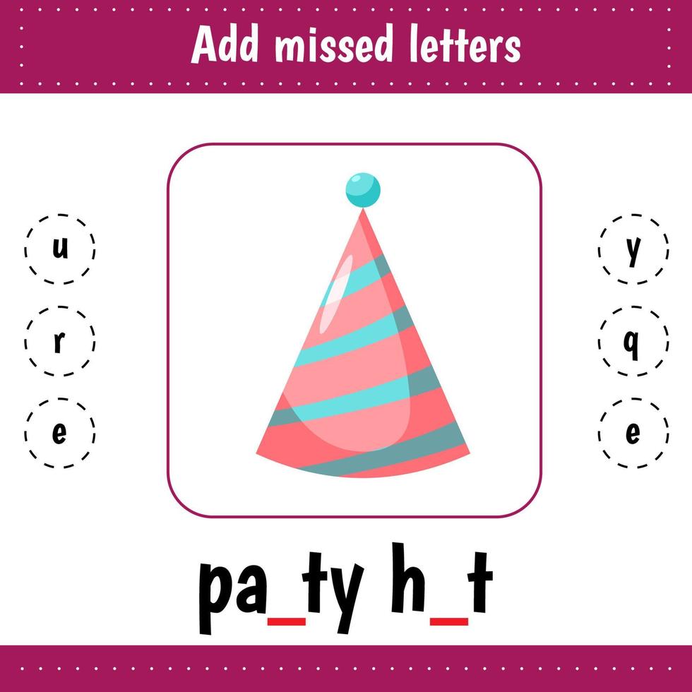 inlärning engelsk ord. Lägg till missade brev. födelsedag hatt. fest hatt vektor