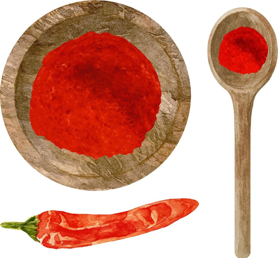 vattenfärg färsk och torr röd varm chili peppar i trä- skål och vektor