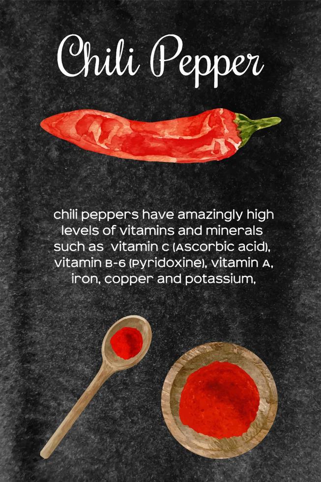 vattenfärg färsk och torr röd varm chili peppar i trä- skål och sked. kök kryddor och örter uppsättning. vektor