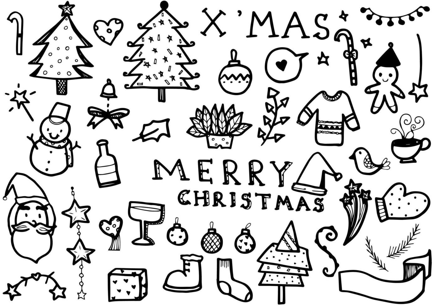 vektor uppsättning av jul dragen klotter i svart linje på en vit bakgrund