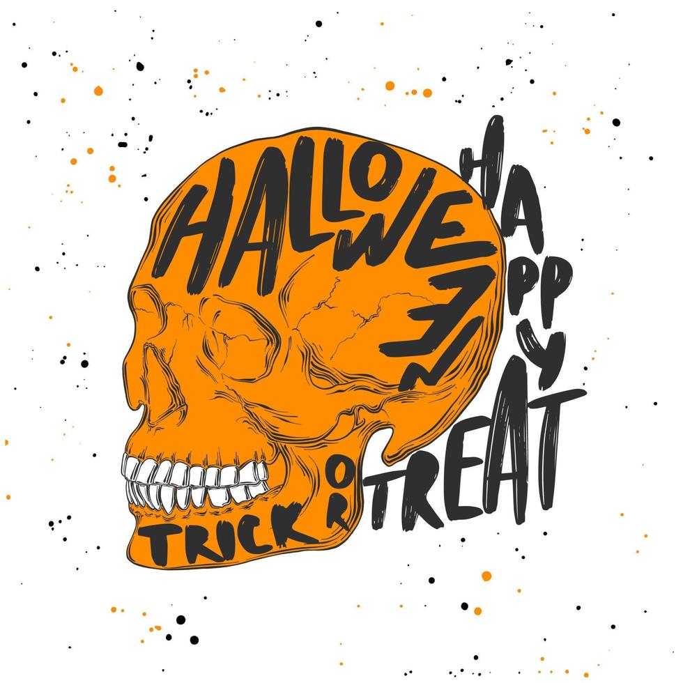 graviert Stil Illustration zum Poster, Dekoration und drucken. Hand gezeichnet skizzieren von Schädel mit modern Typografie Text. detailliert Jahrgang Radierung Stil Zeichnung, Halloween Karte zum Einladung. vektor