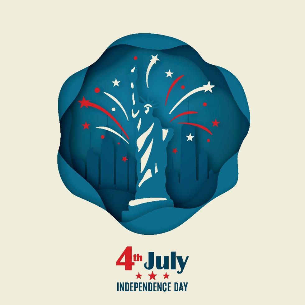 hälsningsbanner med frihetsstaty och fyrverkerier i origamistil. 4 juli. amerikanska självständighetsdagen. vektor