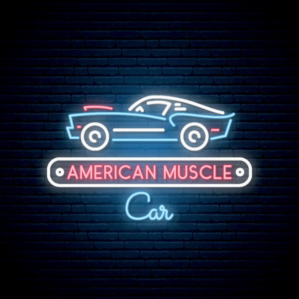 Neon-Silhouette des klassischen amerikanischen Muscle-Car. leuchtendes Zeichen. Auto-Symbol. vektor