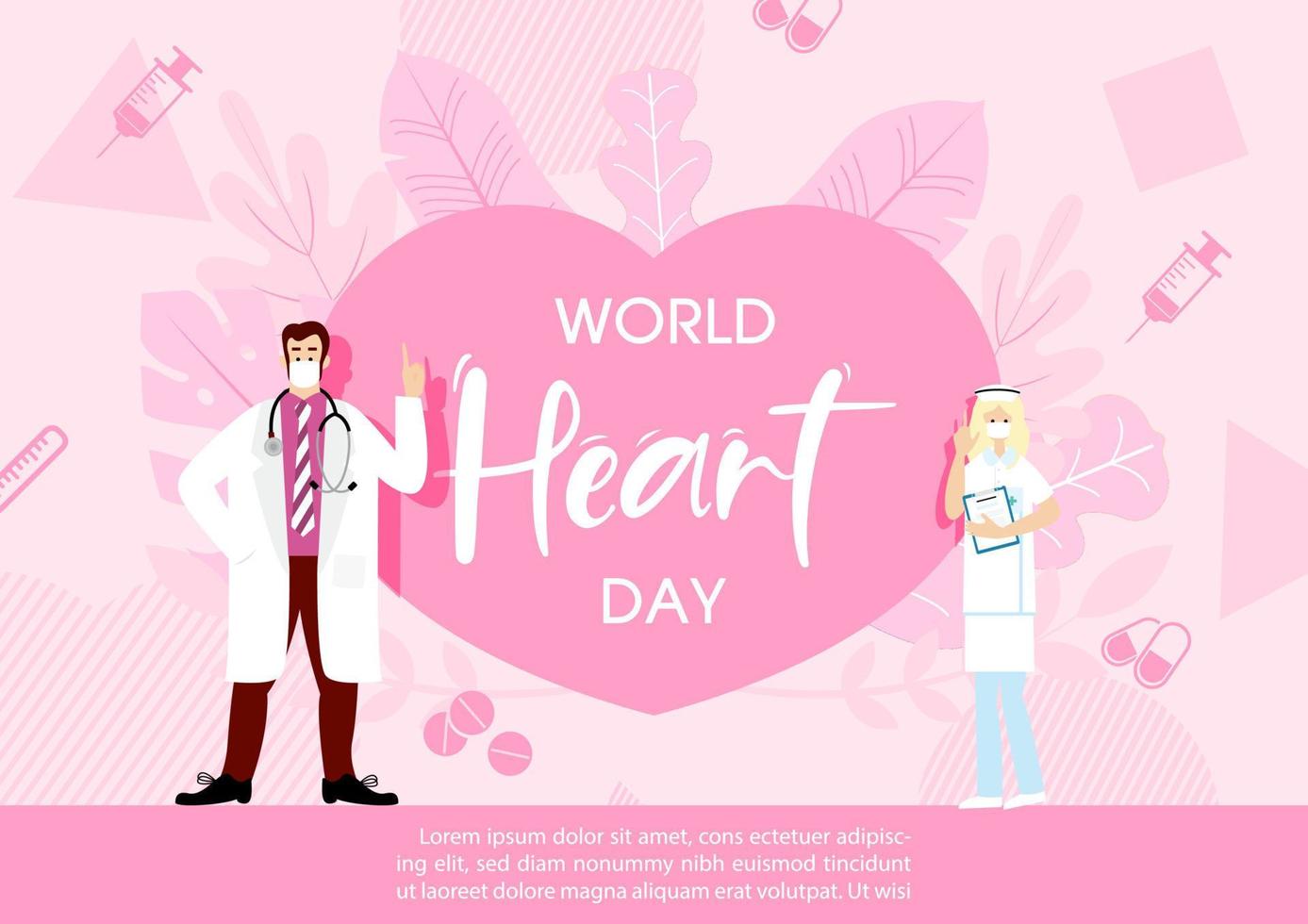läkare karaktär på en jätte rosa hjärta med värld hjärta dag text och exempel texter på medicinsk objekt och dekorerad växt bakgrund. Allt i platt och rosa Färg stil. vektor