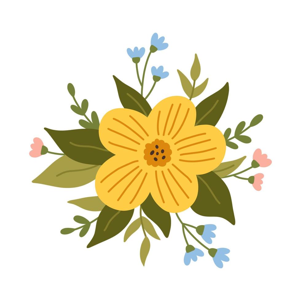 Blume Anordnung isoliert auf Weiß Hintergrund. süß Blumen mit Blätter und Zweige. Vektor handgemalt eben Illustration. perfekt zum Karten, Einladungen, Dekorationen, Logo, verschiedene Entwürfe.