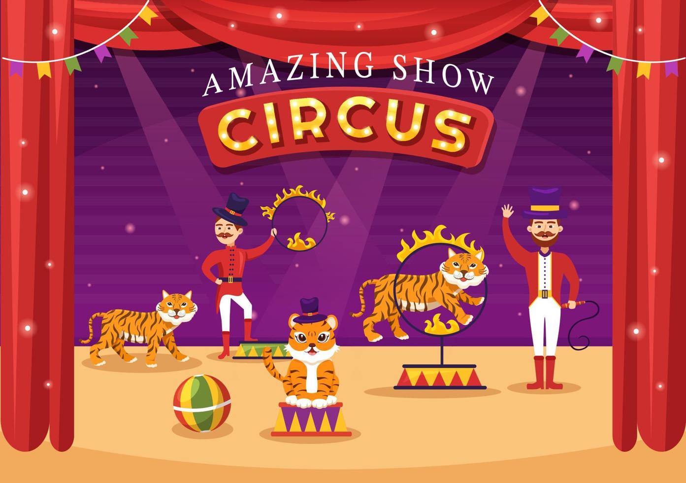 cirkus mall hand dragen tecknad serie platt illustration med visa av gymnast, trollkarl, djur- lejon, värd, underhållare, clowner och nöje parkera vektor