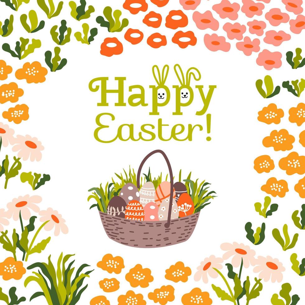 Lycklig påsk. korg full av påsk ägg och grön gräs. vektor illustration. hälsning kort. abstrakt blommor, kamomill, örter.