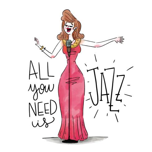 Sexy Jazz-Frauen-Sänger, der rotes Kleid mit Mikrofon trägt vektor