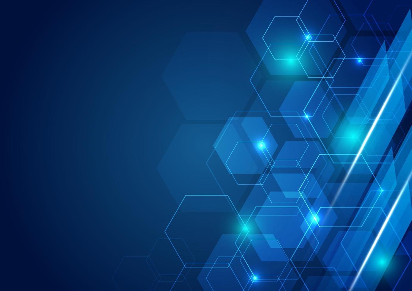 abstrakt teknik futuristisk hexagon överlappande mönster med blå ljuseffekt på mörkblå bakgrund. vektor