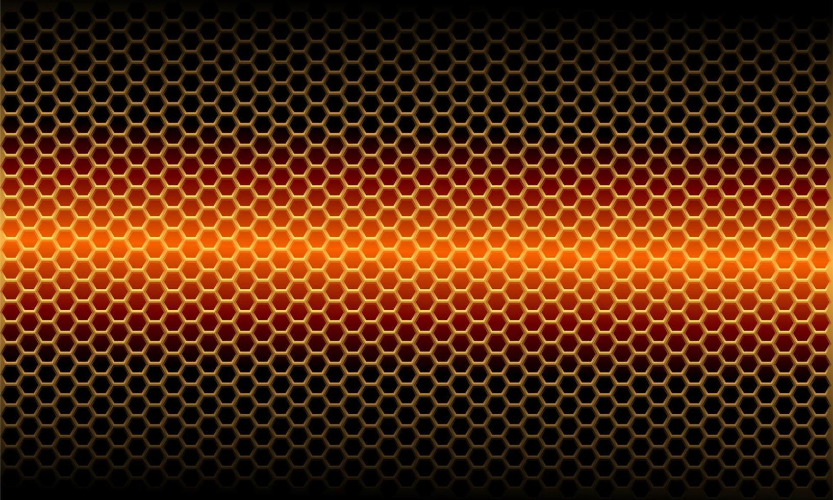 abstraktes orangefarbenes hellmetallisches Sechseck-Netzmuster auf moderner futuristischer Hintergrundvektorillustration des schwarzen Entwurfs. vektor