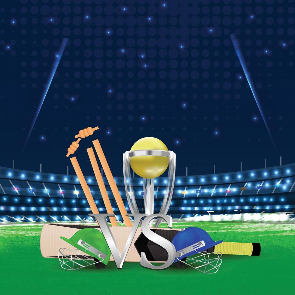 Cricket-Sportstadion mit Schläger und Ball auf dem Boden vektor