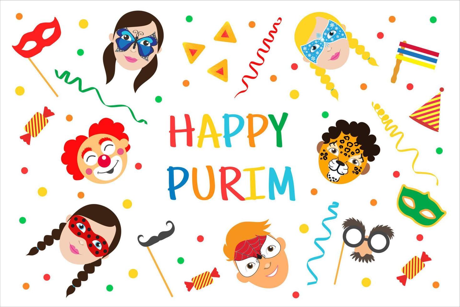 glücklich purim Urlaub Gruß Banner. Kinder mit gemalt Gesichter tragen Karneval Masken vektor