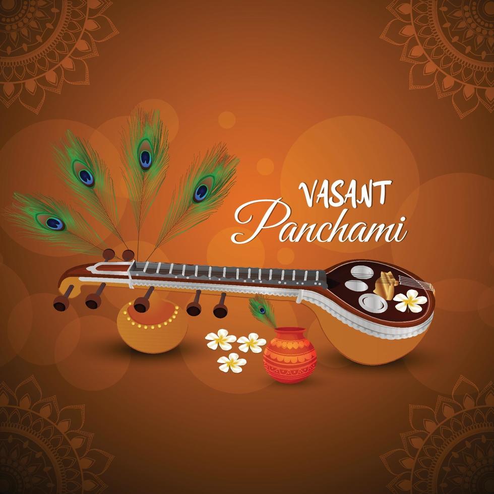 vasant panchami kreativer hintergrund mit saraswati veena und büchern vektor