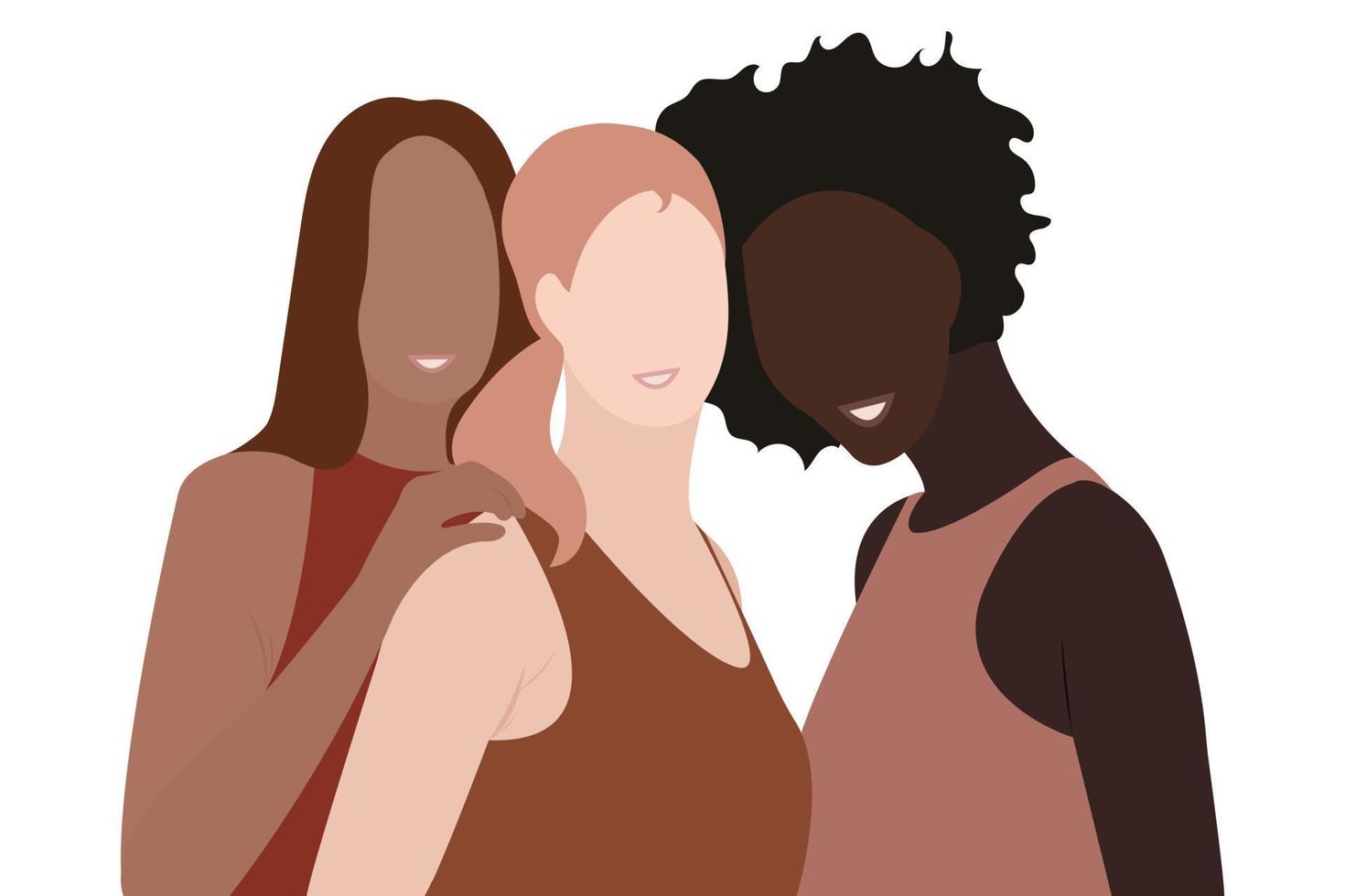 Frauen von anders Haut und Haar Farben. das Konzept von Weiblichkeit, Unabhängigkeit und Gleichberechtigung vektor