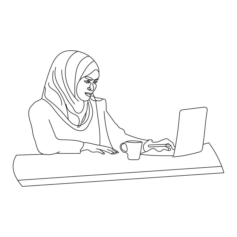 kvinna bär hijab arbetssätt på dator på kontor skrivbord linje teckning vektor illustration