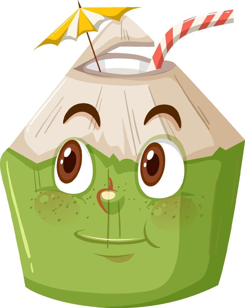niedliche Kokosnusskarikaturfigur mit glücklichem Gesichtsausdruck auf weißem Hintergrund vektor