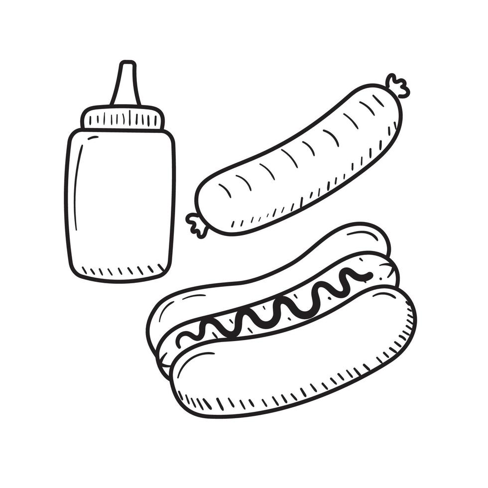 heiß Hund und Senf Flasche Vektor Illustration im skizzieren Stil isoliert auf Weiß Hintergrund