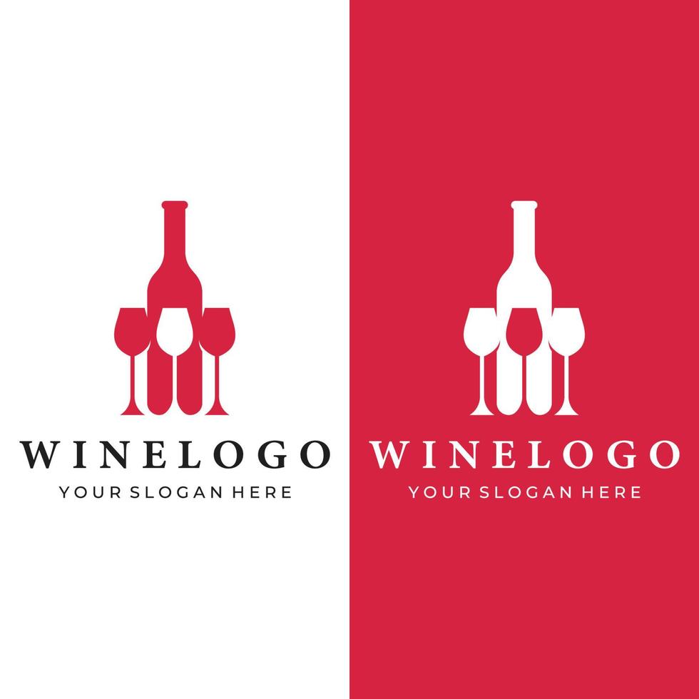 weinlogo-schablonendesign mit weingläsern und flaschen.logo für nachtclub, bar und weinladen. vektor