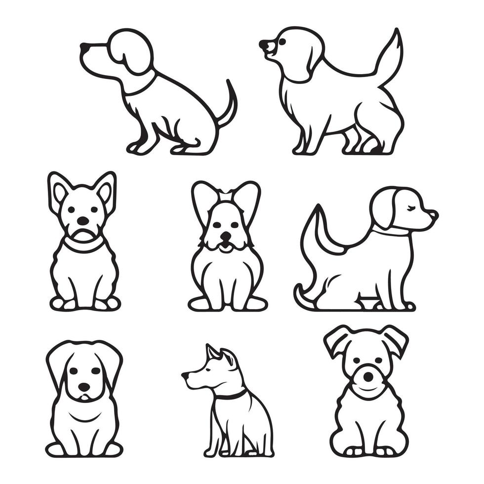 söt hund ikon uppsättning, hund platt ikoner i minimalistisk stil. hund logotyp svart översikt vektor illustration.