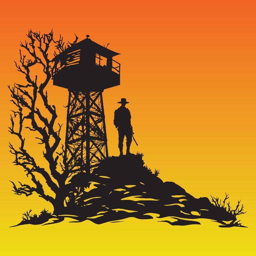 Wachturm Silhouette im schwarz Farbe im Sonnenuntergang Gradient Hintergrund, Wachturm Vektor Illustration