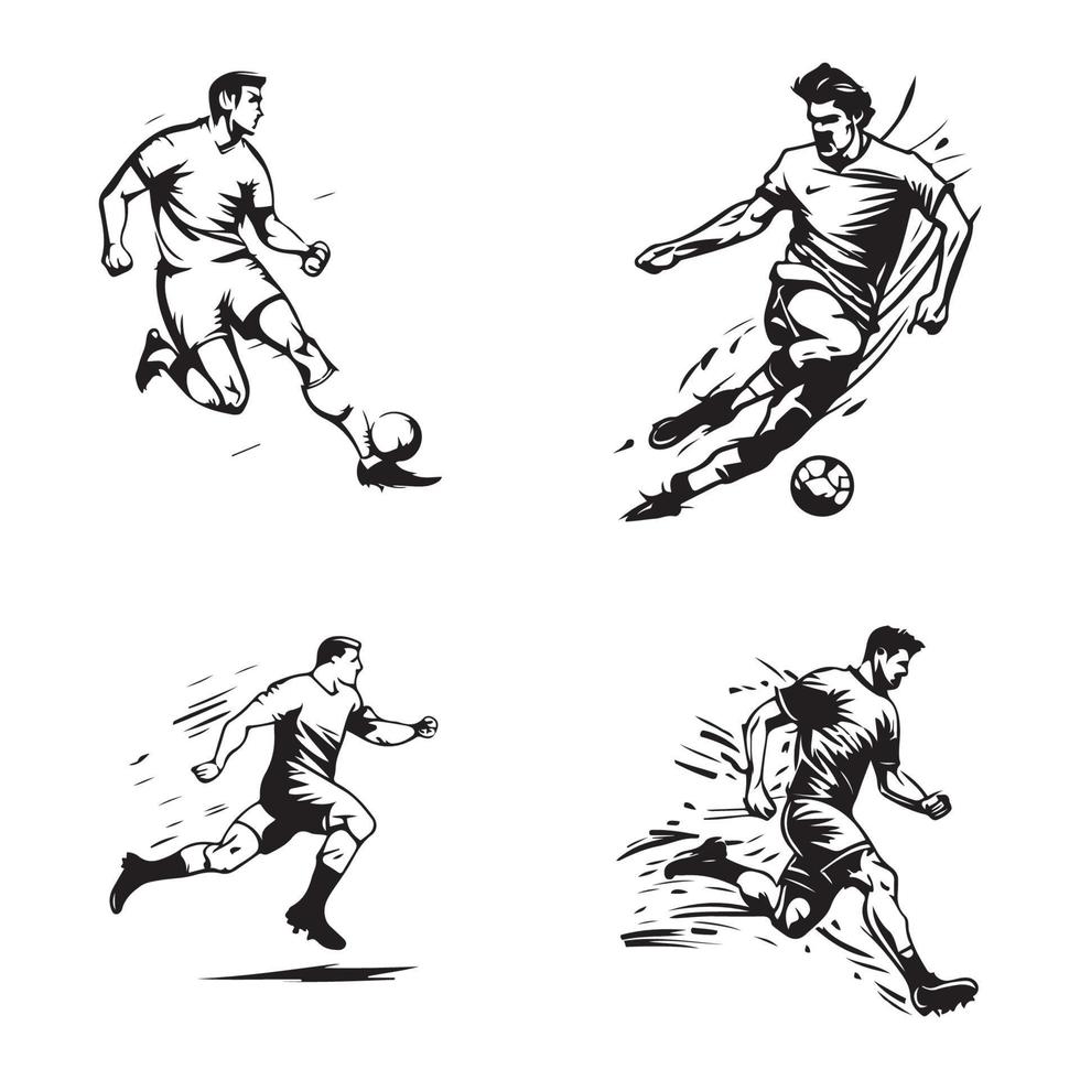 ein Fußball Spieler treten Fußball schwarz Gliederung Vektor Illustration.
