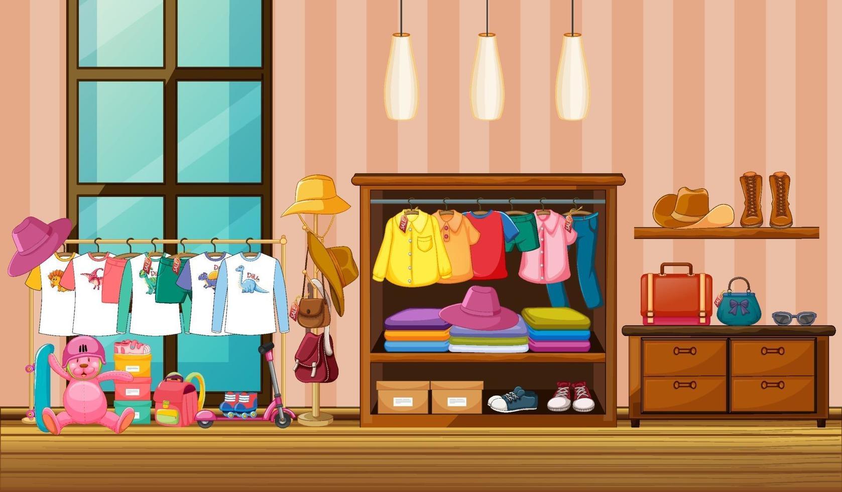 Kinderkleidung hängt im Kleiderschrank mit vielen Accessoires in der Raumszene vektor