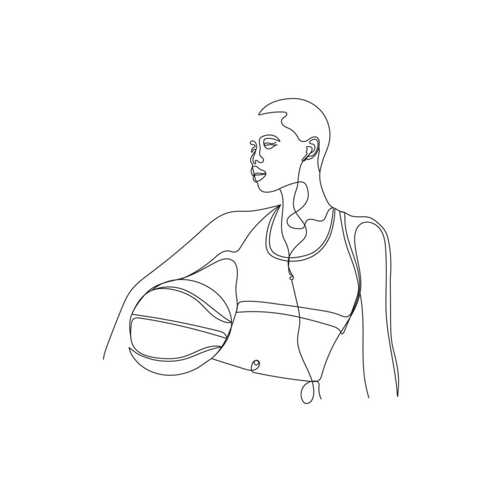 basketboll spelare. flicka med boll i ett kontinuerlig dragen linje. hand dragen vektor illustration.