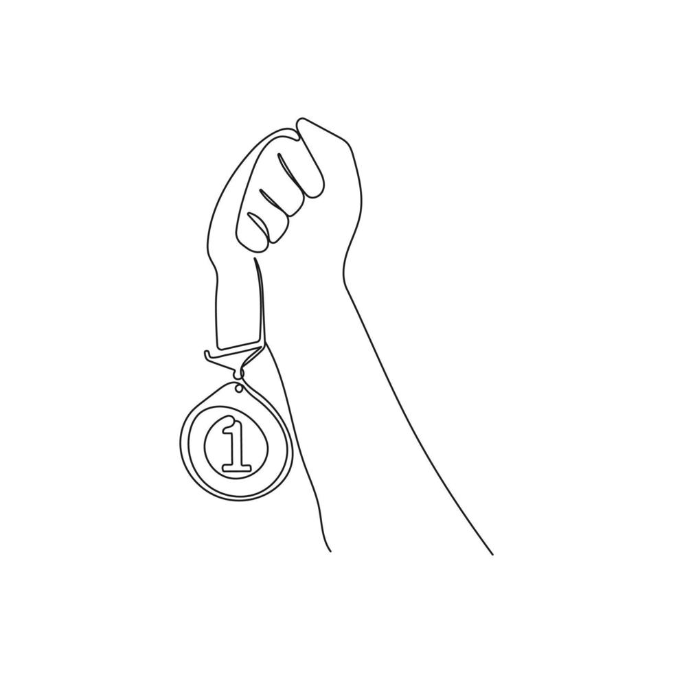 Hand hält Band mit Gold Medaille. einer Linie Kunst. Vektor Illustration