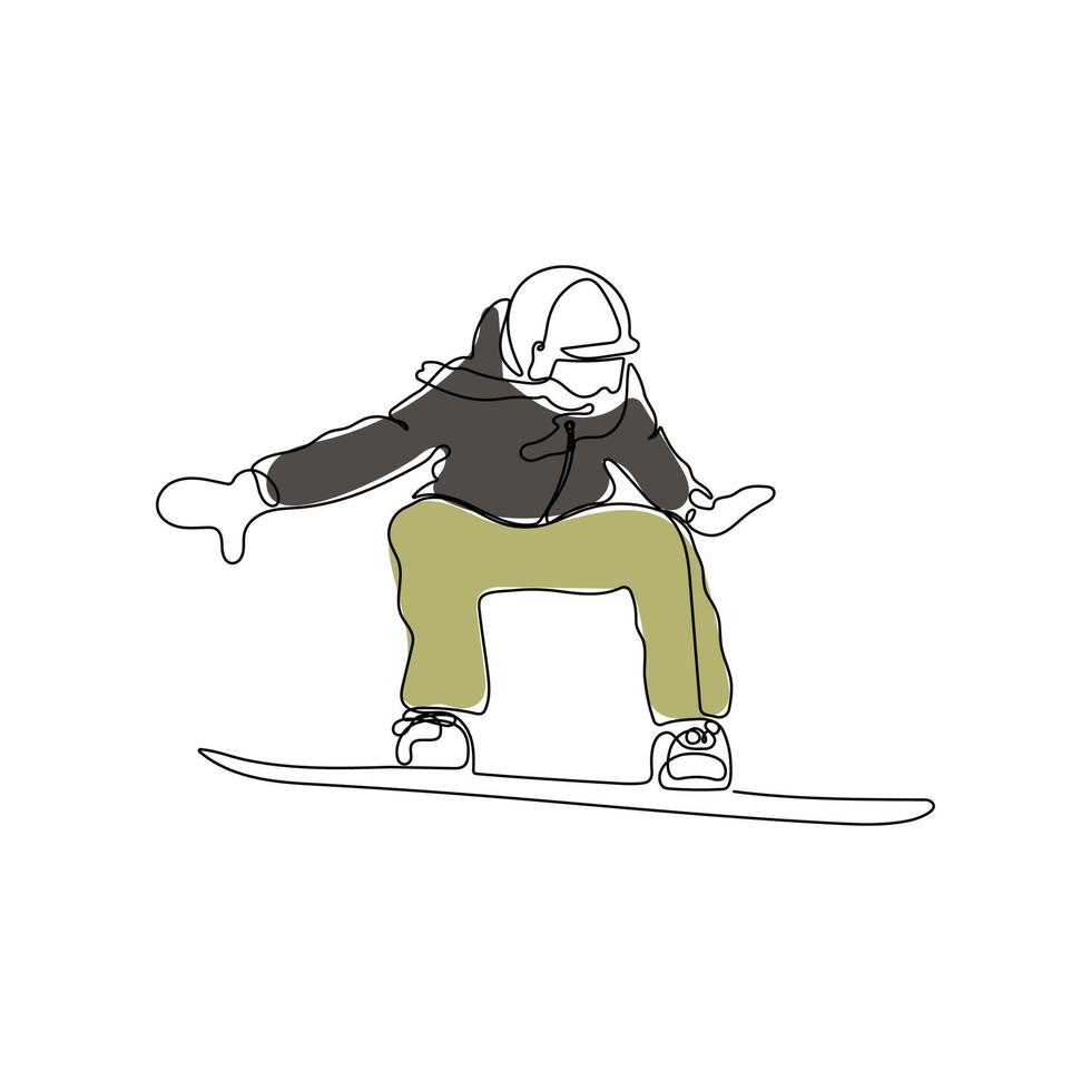 snowboardåkare rider en snowboard. ett linje konst. Hoppar snowboardåkare. vinter, turist sport begrepp. hand dragen vektor illustration.