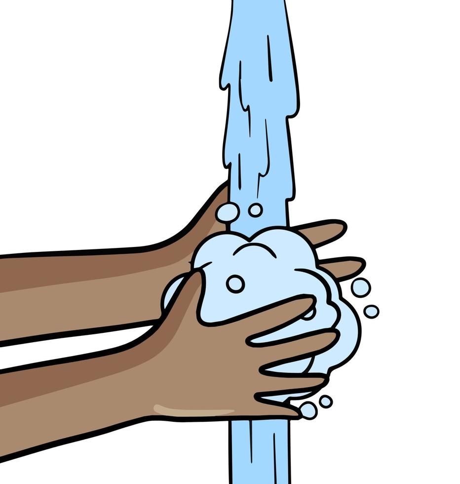 Mann wäscht seine Hände. Hygiene von Hände und Haut. Seife und Schaum mit Blasen. Karikatur Illustration vektor