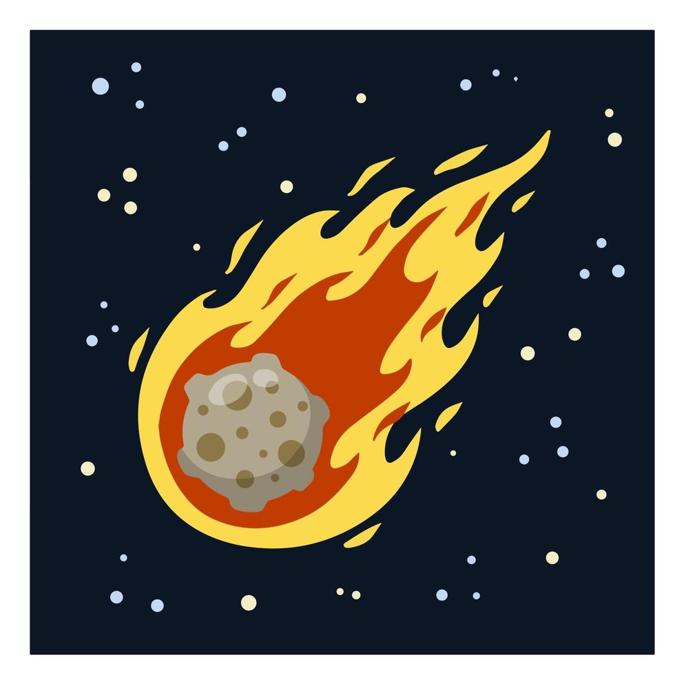 Meteor mit Feuerspur. gefährliches Weltraumobjekt. Komet mit Schweif. himmlisches Objekt. fliegen im himmel. Sterne und Astronomie. flache illustration der karikatur. großer Asteroid vektor