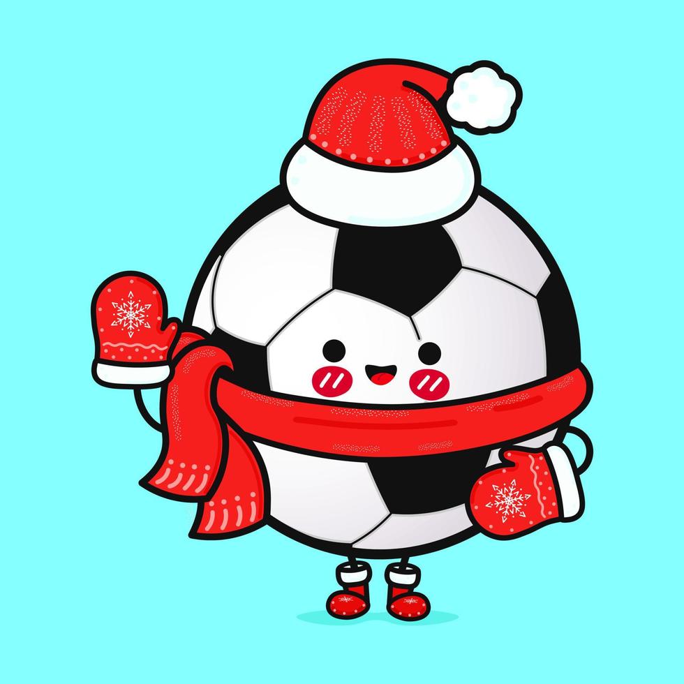 komisch lächelnd glücklich Fußball Ball und Weihnachten Hut. Vektor eben Karikatur Charakter Illustration Symbol Design. isoliert auf Blau Hintergrund