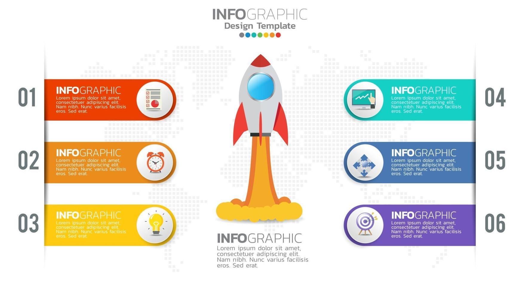 6 Schritte Start-Infografiken mit Raketenstart. Geschäfts- und Finanzkonzept. vektor