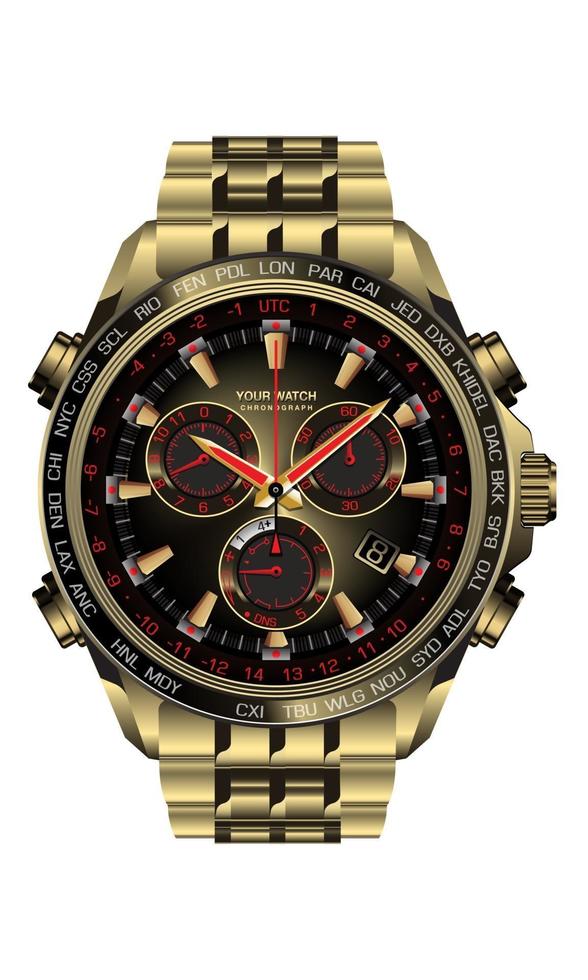 realistisk klocka klocka kronograf guld svart röd design för män på vit bakgrund vektorillustration. vektor