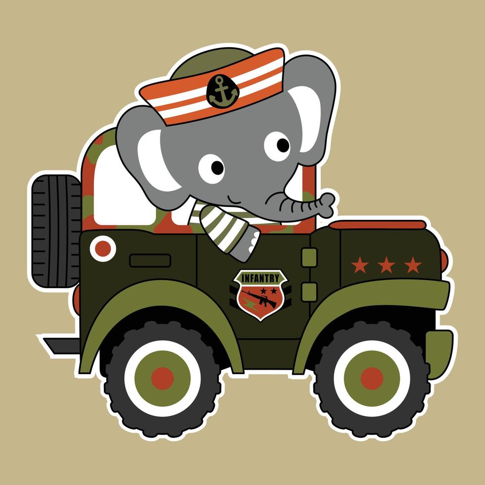 söt elefant soldat körning militär bil, vektor tecknad serie illustration