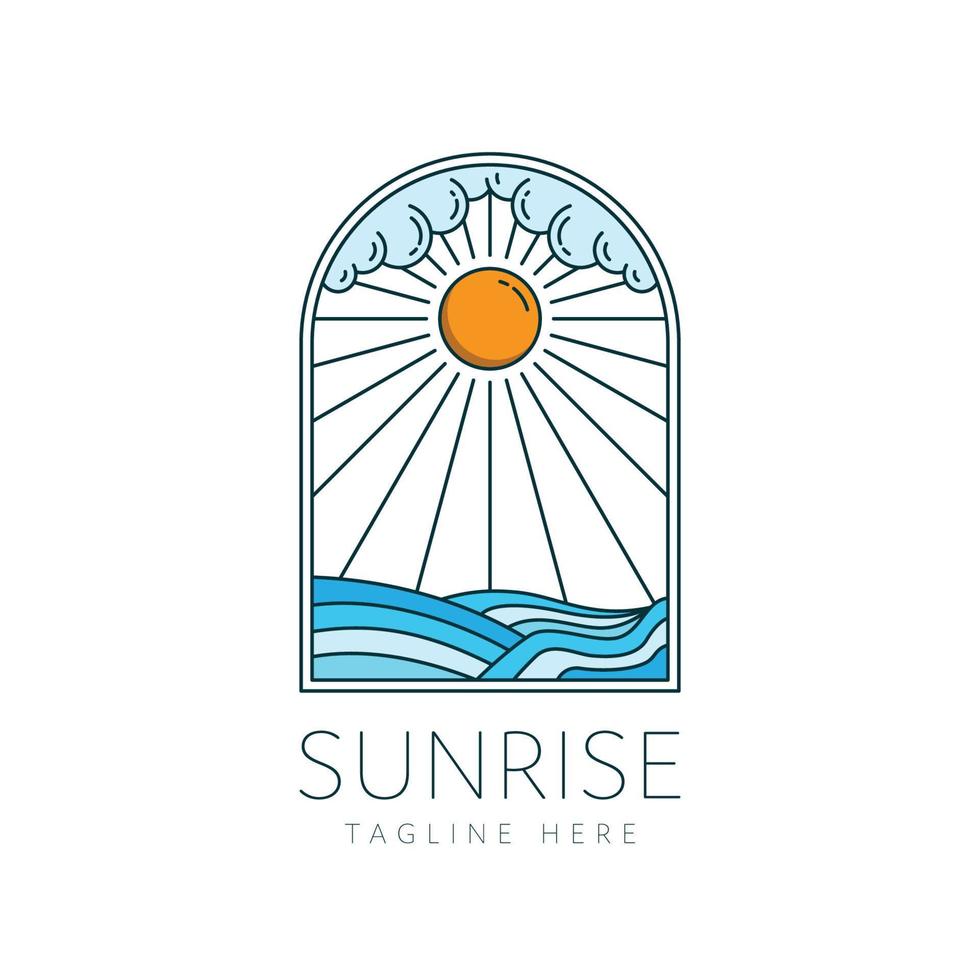 Sonne und Meer Wellen Natur Konzept kreativ Idee Fenster Form, Sonnenaufgang Logo vektor