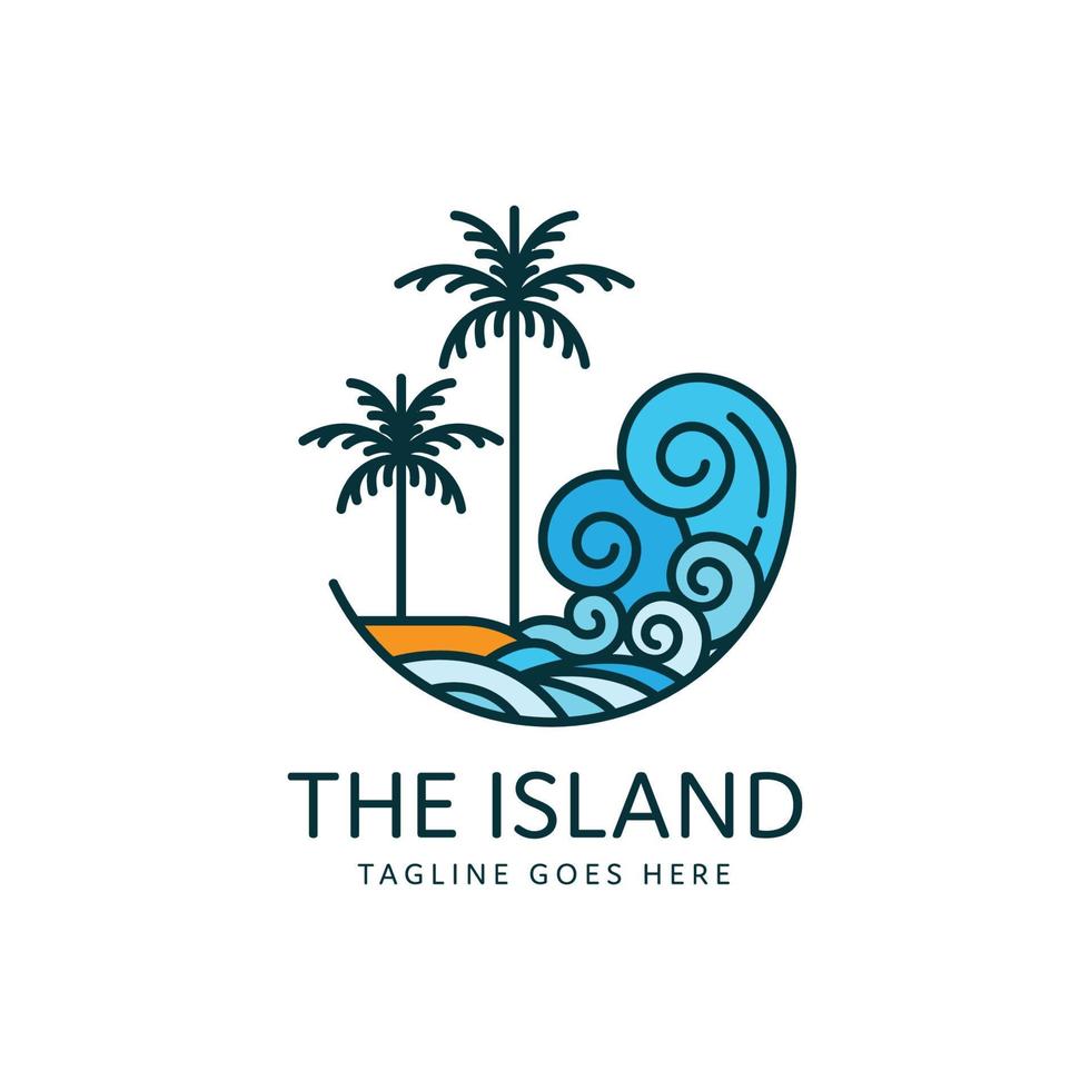 tropisch Insel Strand Logo Design mit zwei Palme Bäume und Ozean Wellen vektor
