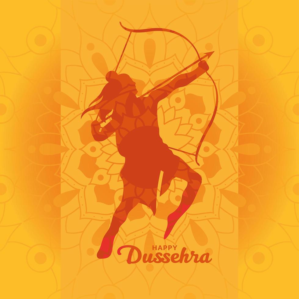 glad dussehra och lord ram med pil och båge orange silhuett vektor design