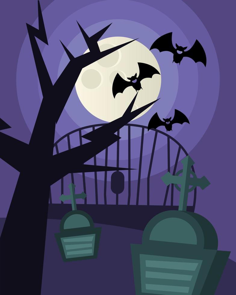 Halloween-Friedhof und Baum bei Nacht Vektor-Design vektor