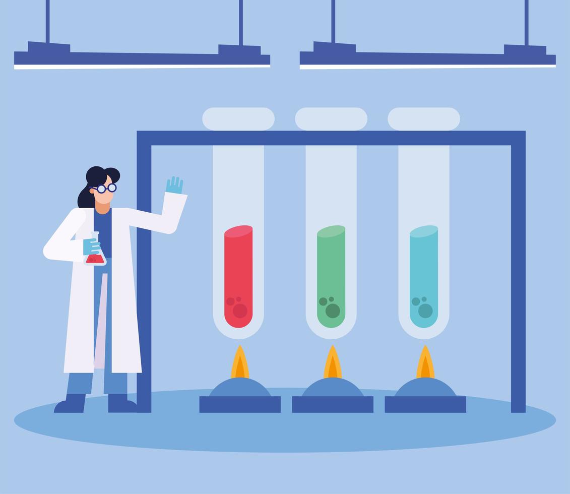 Coronavirus-Impfstoff-Forschungsdesign mit arbeitender Chemikerin vektor