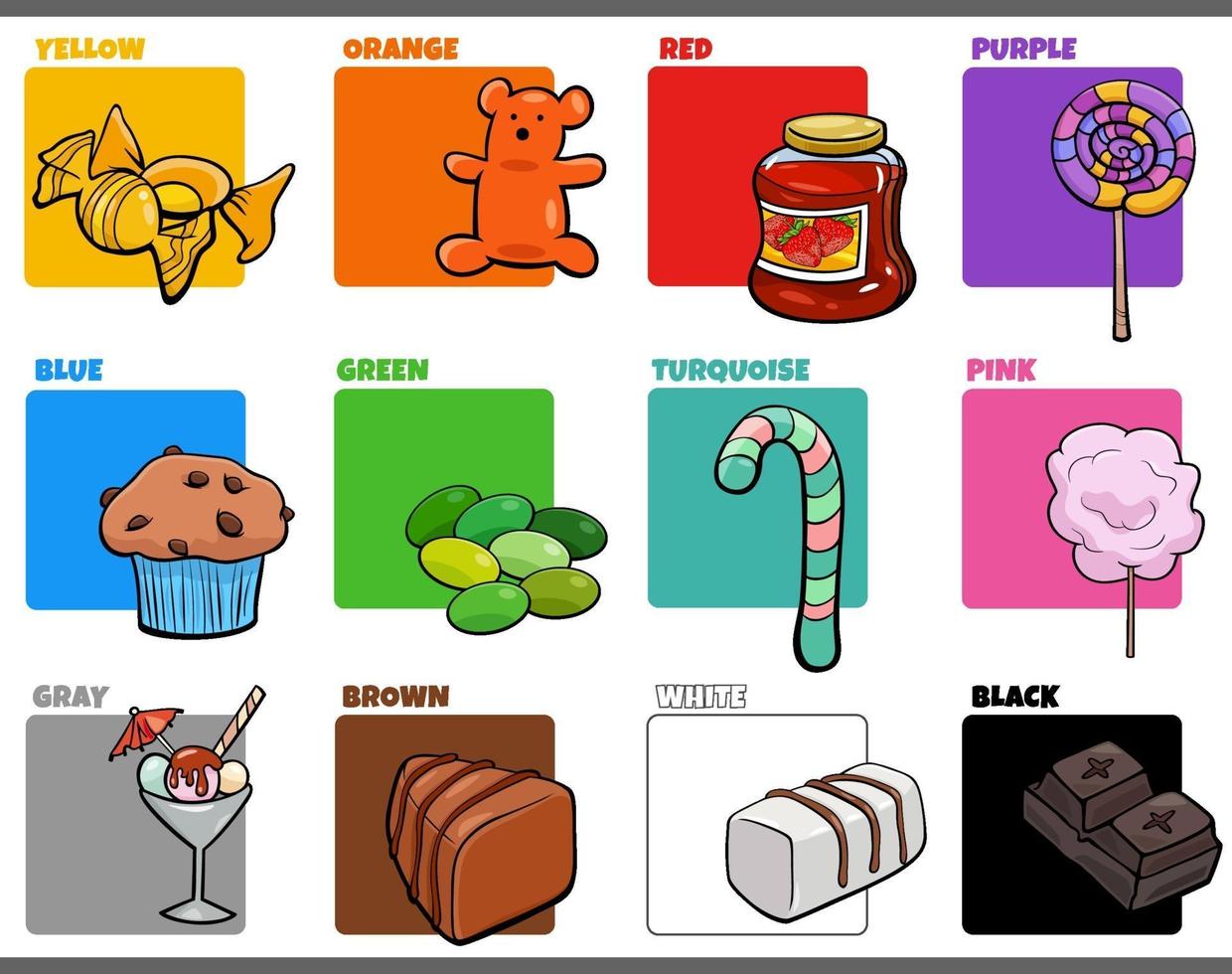 Grundfarben mit Cartoon Sweet Food Objekten gesetzt vektor