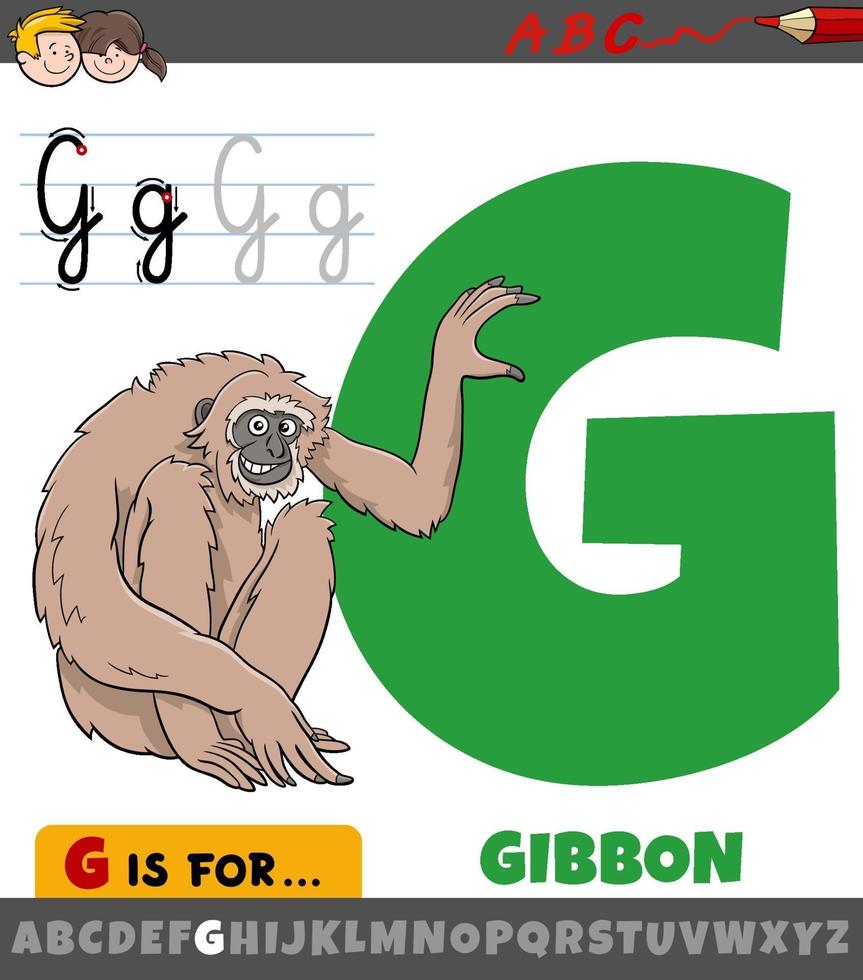 bokstaven g från alfabetet med tecknad gibbon apa vektor