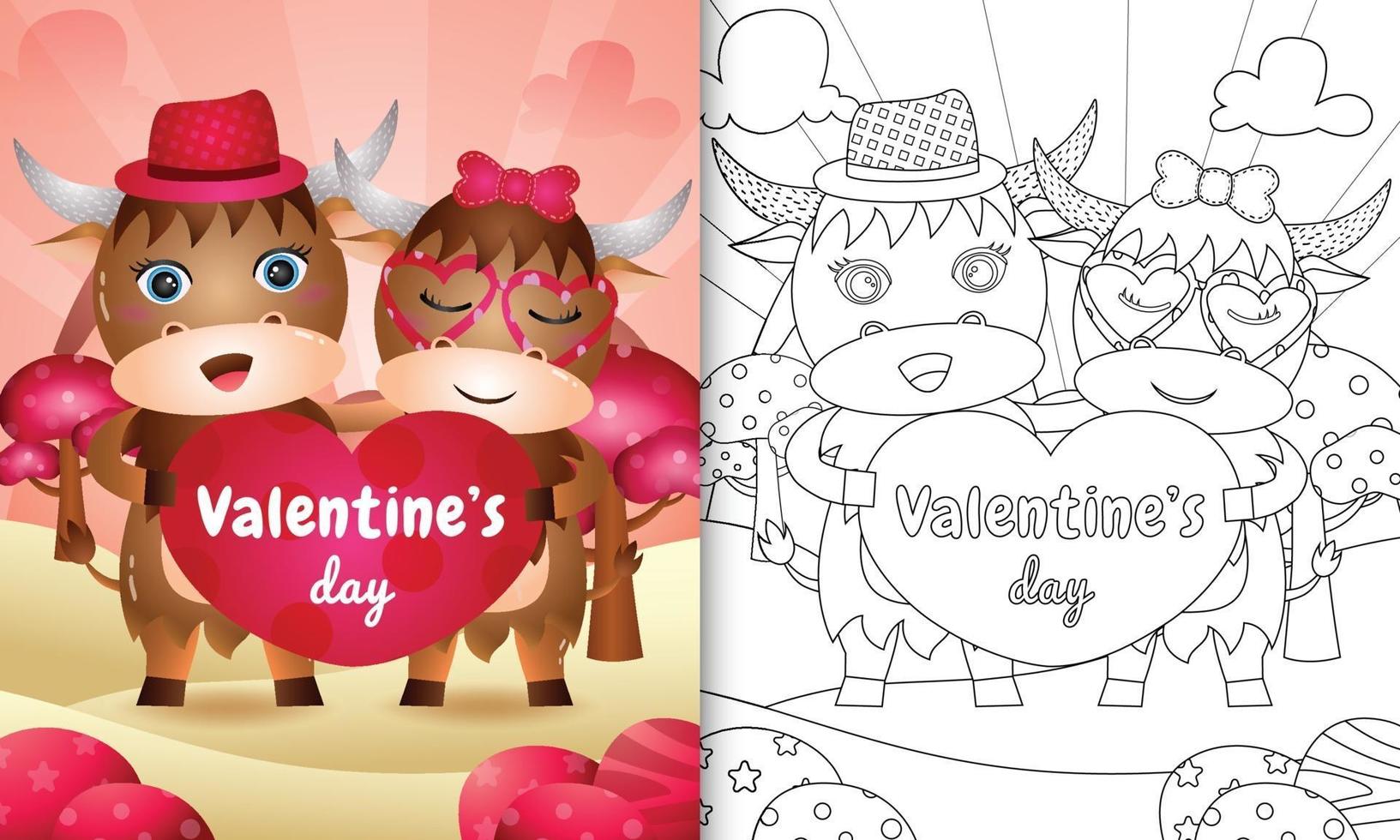 Malbuch für Kinder mit niedlichen Valentinstag Büffelpaar illustriert vektor