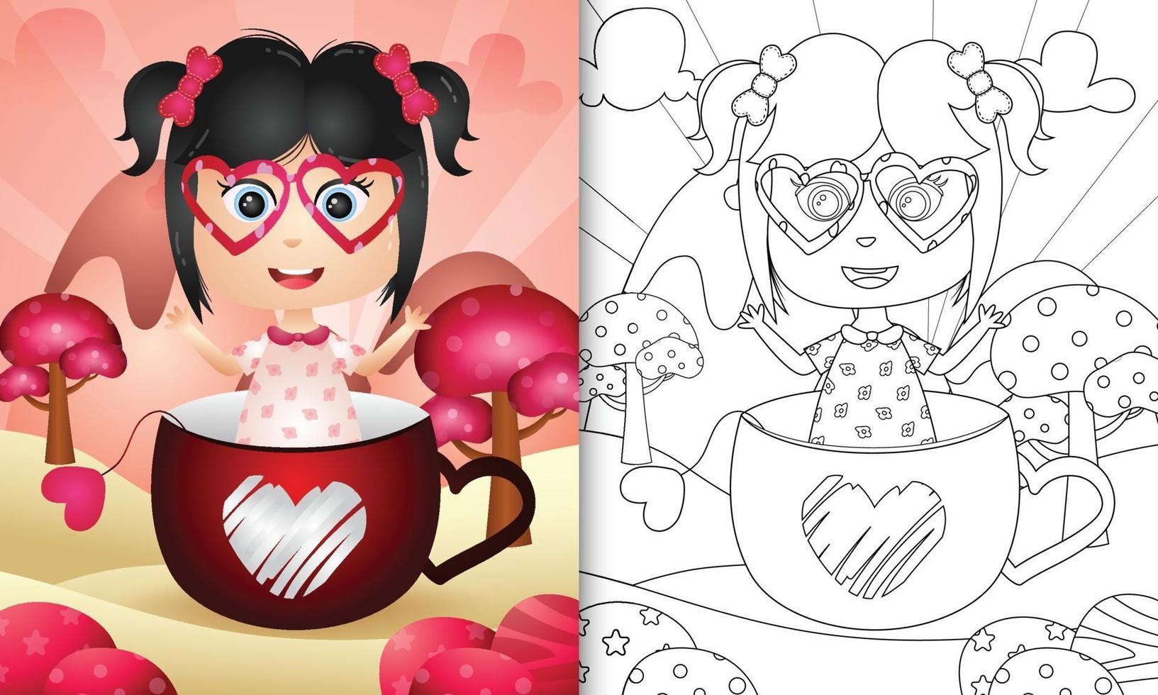 Malbuch für Kinder mit einem niedlichen Mädchen im themenorientierten Valentinstag der Tasse vektor