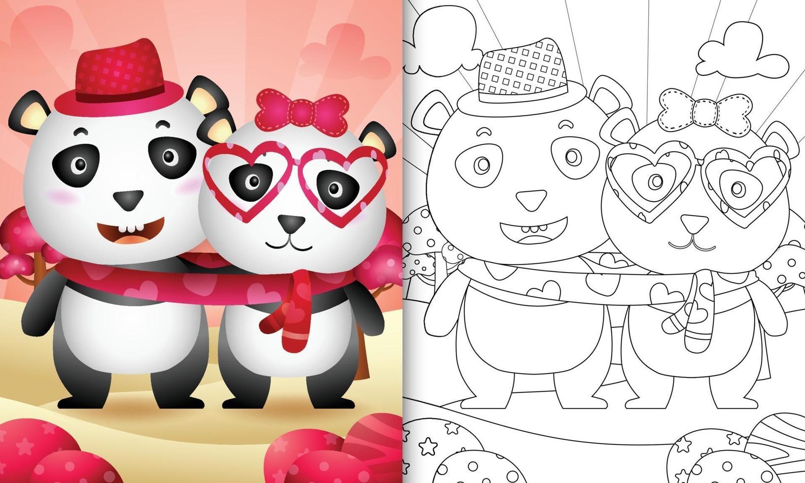 Malbuch für Kinder mit niedlichen Valentinstag Panda Bärenpaar illustriert vektor